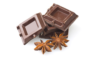 Closeup detail of chocolate parts on white background.