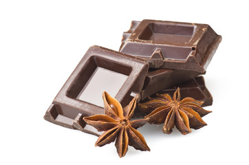 Closeup detail of chocolate parts on white background.