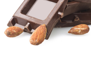 Closeup detail of chocolate parts on white background.