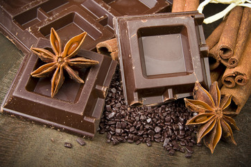 Closeup detail of chocolate parts on white background.