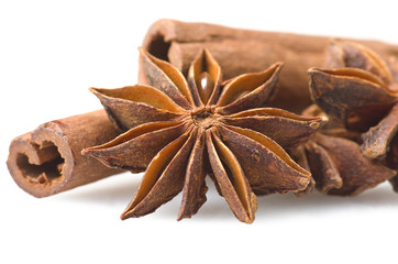 Cinnamon sticks and star anise close up on the white