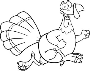Black and White Happy Turkey Bird Cartoon Character Running