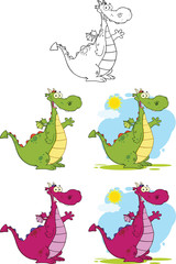 Cute Dragons Cartoon Mascot Characters. Collection Set