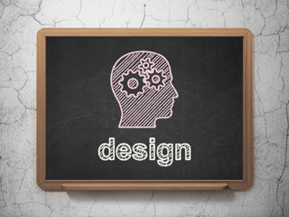 Marketing concept: Head With Gears and Design on chalkboard