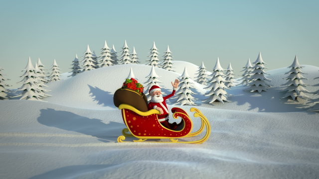 cartoon santa claus driving in sleigh through snow