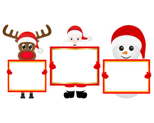 Santa Claus, snowman and reindeer with blank banner