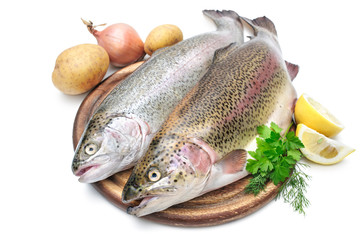 Rainbow trout with fresh herbs isolated on white background