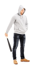 Guy with hood over his head holding a baseball bat