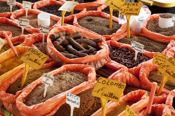 Spices and food at market stand, Guadeloupe