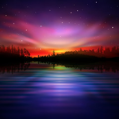 abstract background with forest lake and sunrise