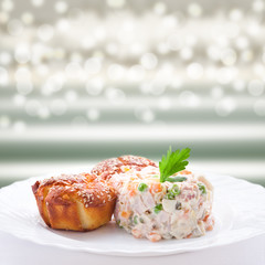 Appetizer - Russian salad and muffins with cheese