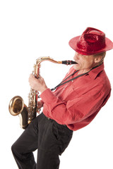 Man playing saxophone leaning backwards - 58451216