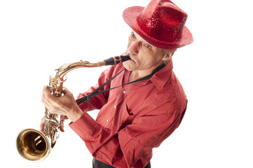 Man with hat playing saxophone