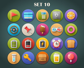 Round Bright Icons with Long Shadow Set 10