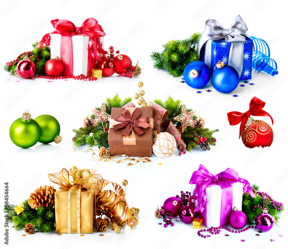 Wall mural Christmas. Collage of Colorful New Year's Gifts and Decorations