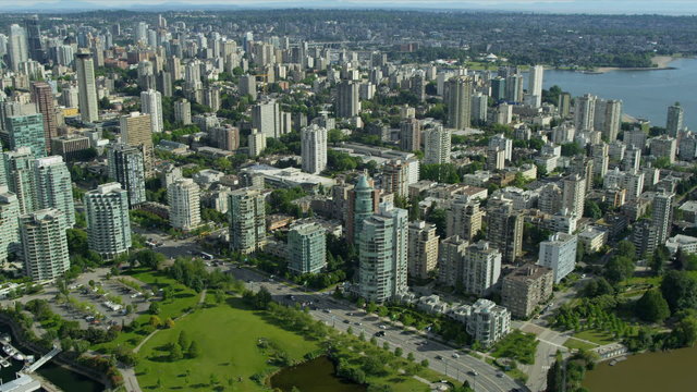 Aerial view Vancouver city buildings Devonian Harbour Park