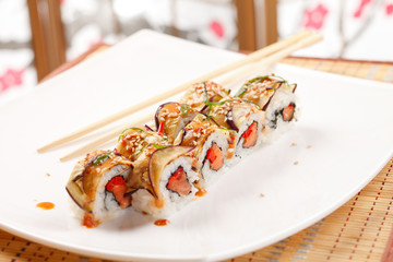 sushi with eggplant and salmon