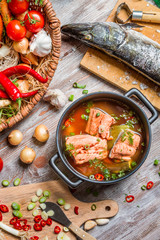 Closeup of fresh ingredients for fish soup