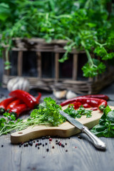 Closeup of spices and fresh herbs
