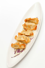 gyoza on a white dish.