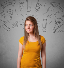 Cute young girl with question sign doodles