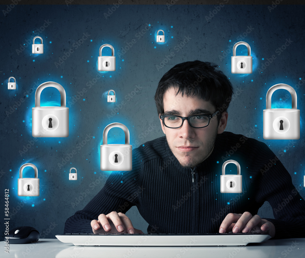 Poster young hacker with virtual lock symbols and icons