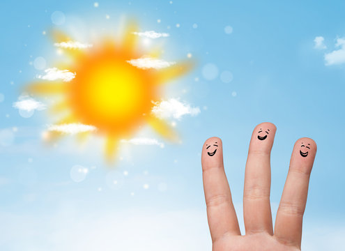 Cheerful finger smileys with bright sun and clouds illustration