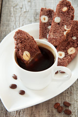 Chocolate biscotti with a mocha and nuts.