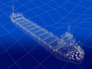 3D wireframe of ocean liner in ocean