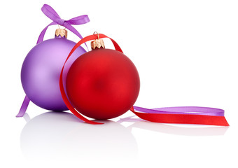 Red and Purple Christmas Ball with ribbon bow Isolated on white