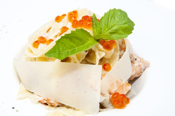 macaroni and cheese and salmon caviar
