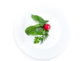Close up of radish salad on plate, isolated on white