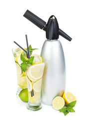 Glasses with homemade lemonade and siphon