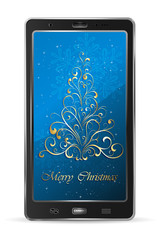 Mobile with blue Christmas background