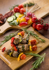 skewer with meat balls and vegetables, selective focus