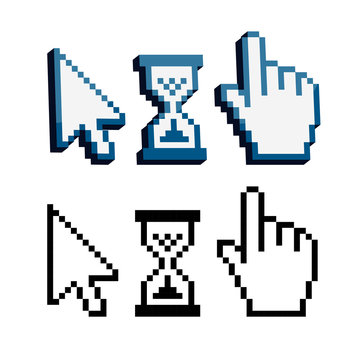 Pixel 3d cursors icons. Hand, Arrow, Hourglass