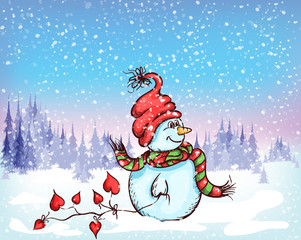 fun cute snowman in the wood christmas background