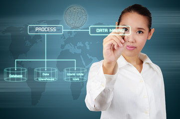 Data mining concept - business woman writing virtual screen