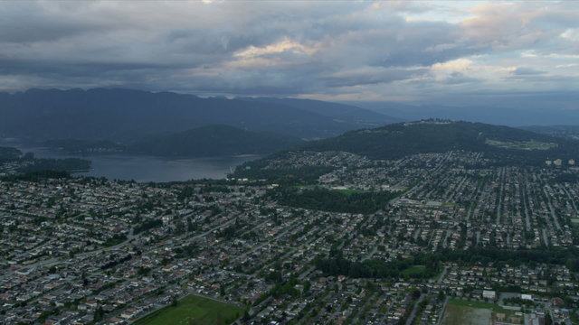 Aerial dusk view residential commuter homes east, Vancouver