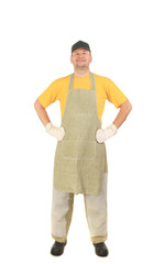 Obraz premium Apron man smiling hands on whaist.