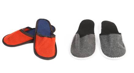 Pair of red and gray slippers.