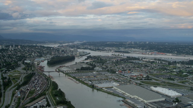 Aerial landscape sunset view residential suburbs Annacis Island, Vancouver