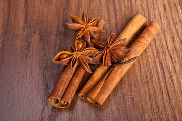 cinnamon sticks and star anise on a wooden background