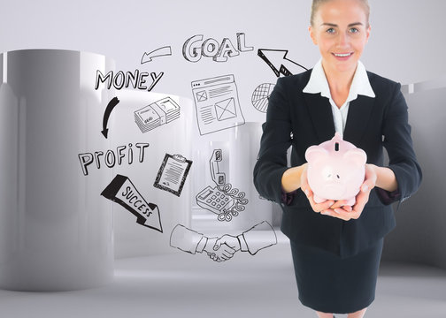 Composite image of businesswoman holding pink piggy bank - Powered by Adobe