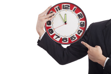 Man holding clock hands.