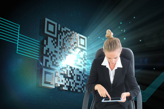 Composite image of businesswoman sitting on swivel chair with ta