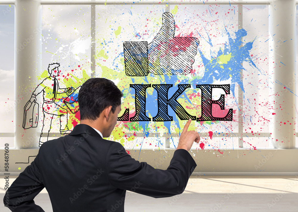 Poster composite image of unsmiling asian businessman pointing