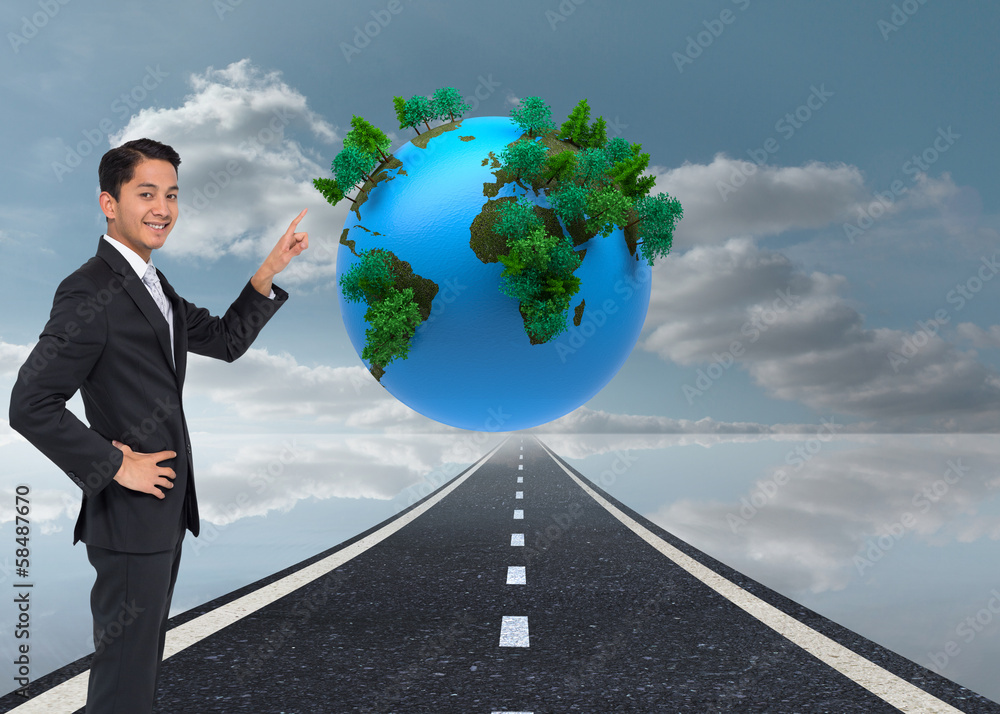 Poster composite image of smiling asian businessman pointing