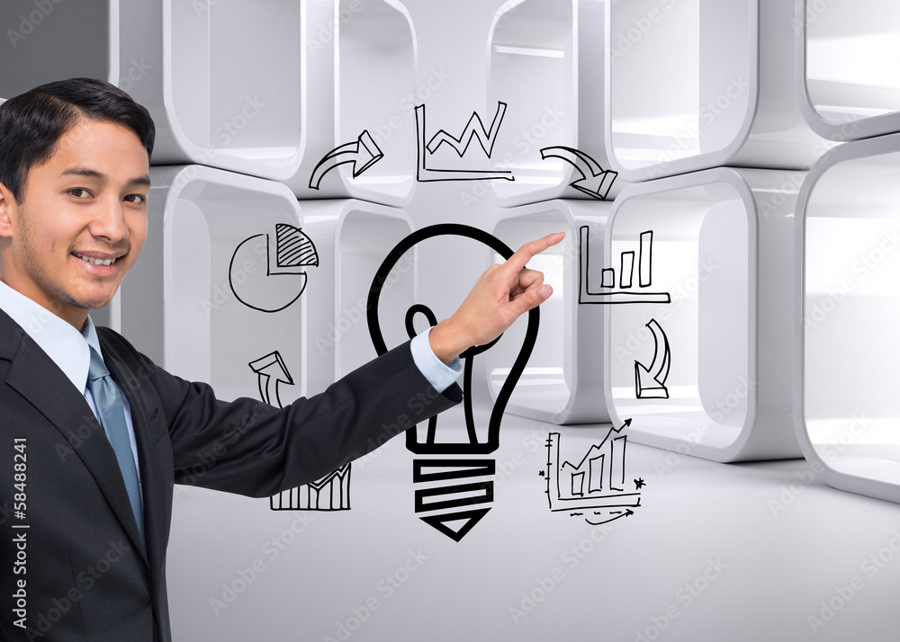 Poster composite image of smiling asian businessman pointing