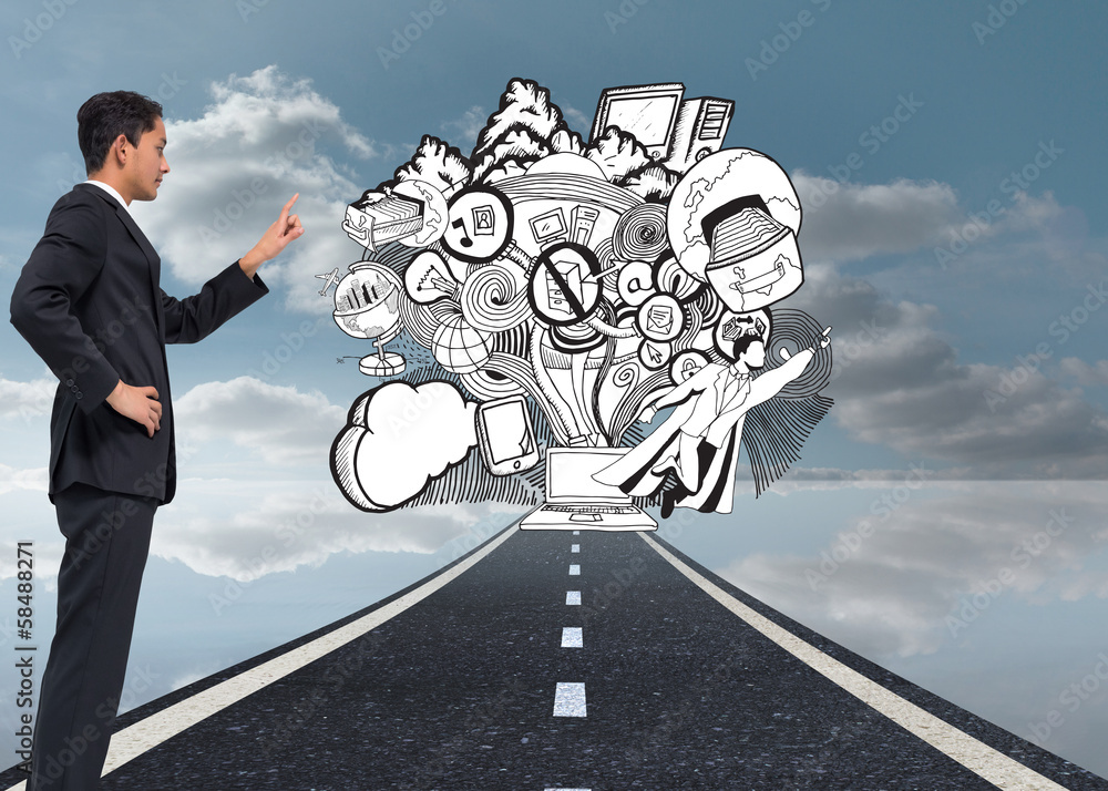 Poster composite image of unsmiling asian businessman pointing